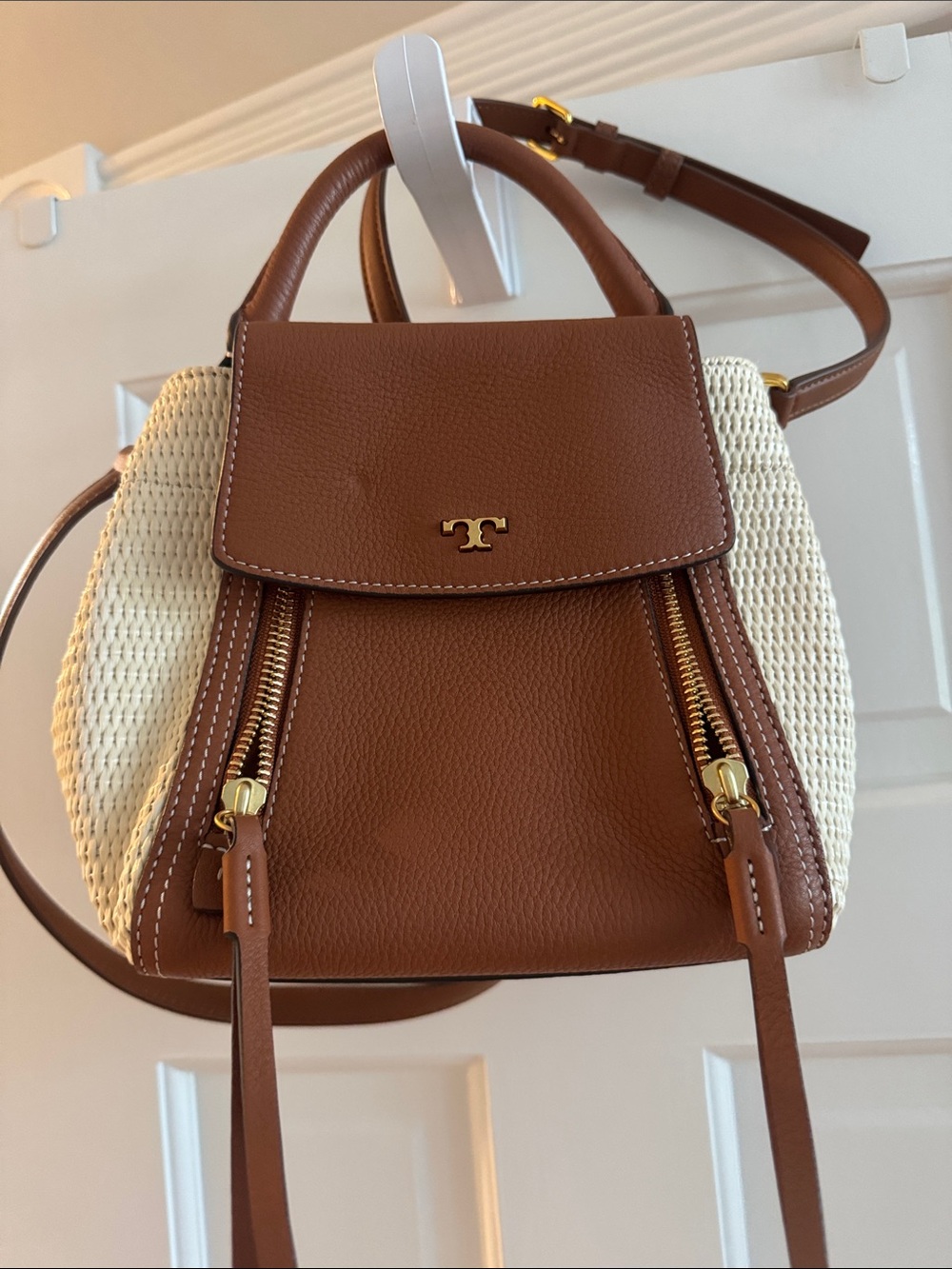 Tory Burch Brown Leather & Cream Woven Backpack